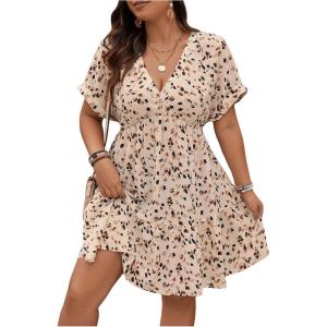 imageFloerns Womens Plus Size Wrap V Neck Short Sleeve Ruffle Hem A Line Short DressApricot Multi