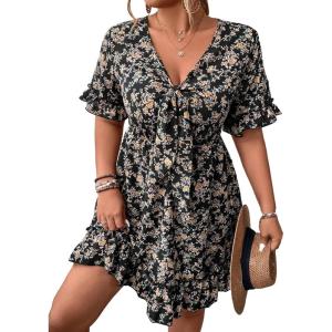 imageFloerns Womens Plus Size Wrap V Neck Short Sleeve Ruffle Hem A Line Short DressBlack Plant