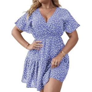 imageFloerns Womens Plus Size Wrap V Neck Short Sleeve Ruffle Hem A Line Short DressBlue