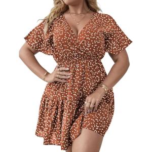 imageFloerns Womens Plus Size Wrap V Neck Short Sleeve Ruffle Hem A Line Short DressBurnt Orange