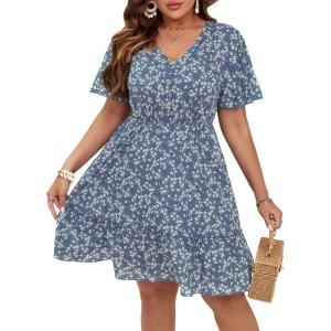 imageFloerns Womens Plus Size Wrap V Neck Short Sleeve Ruffle Hem A Line Short DressDusty Blue