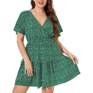 imageFloerns Womens Plus Size Wrap V Neck Short Sleeve Ruffle Hem A Line Short DressGreen Dots