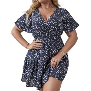 imageFloerns Womens Plus Size Wrap V Neck Short Sleeve Ruffle Hem A Line Short DressNavy Blue