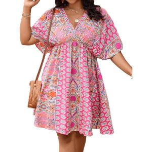 imageFloerns Womens Plus Size Wrap V Neck Short Sleeve Ruffle Hem A Line Short DressPink Tribal