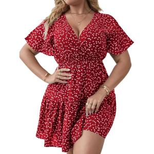 imageFloerns Womens Plus Size Wrap V Neck Short Sleeve Ruffle Hem A Line Short DressRed