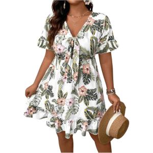 imageFloerns Womens Plus Size Wrap V Neck Short Sleeve Ruffle Hem A Line Short DressWhite and Green