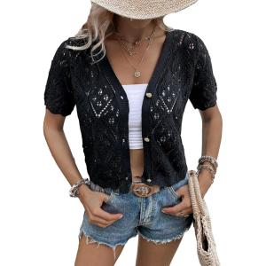 imageFloerns Womens Pointelle Knit Short Sleeve V Neck Button Front Crop CardiganBlack