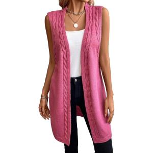 imageFloerns Womens Sleeveless Open Front Thigh Length Cable Knit Vest Cardigan OuterwearPink