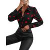 imageFloerns Womens Heart Print Long Sleeve Button Down Lapel Collar Blouse TopBlack