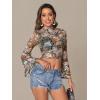 imageFloerns Womens Long Sleeve See Though Sheer Mesh Crop Tee TopsBlack Flower
