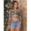 imageFloerns Womens Long Sleeve See Though Sheer Mesh Crop Tee TopsBlack Flower