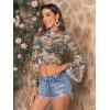 imageFloerns Womens Long Sleeve See Though Sheer Mesh Crop Tee TopsBlack Flower
