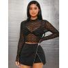 imageFloerns Womens Long Sleeve See Though Sheer Mesh Crop Tee TopsBlack Geometric