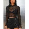 imageFloerns Womens Long Sleeve See Though Sheer Mesh Crop Tee TopsBlack Geometric