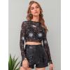 imageFloerns Womens Long Sleeve See Though Sheer Mesh Crop Tee TopsBlack Moon