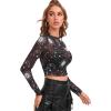 imageFloerns Womens Long Sleeve See Though Sheer Mesh Crop Tee TopsBlack Moon