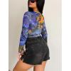 imageFloerns Womens Long Sleeve See Though Sheer Mesh Crop Tee TopsBlue Multi
