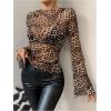 imageFloerns Womens Long Sleeve See Though Sheer Mesh Crop Tee TopsCoffee Brown