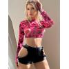 imageFloerns Womens Long Sleeve See Though Sheer Mesh Crop Tee TopsHot Pink Heart