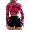 imageFloerns Womens Long Sleeve See Though Sheer Mesh Crop Tee TopsHot Pink Heart