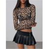 imageFloerns Womens Long Sleeve See Though Sheer Mesh Crop Tee TopsKhaki Leopard