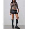 imageFloerns Womens Long Sleeve See Though Sheer Mesh Crop Tee TopsKhaki Leopard
