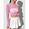 imageFloerns Womens Long Sleeve See Though Sheer Mesh Crop Tee TopsLight Pink