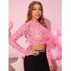 imageFloerns Womens Long Sleeve See Though Sheer Mesh Crop Tee TopsPink Heart