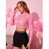 imageFloerns Womens Long Sleeve See Though Sheer Mesh Crop Tee TopsPink Heart
