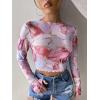 imageFloerns Womens Long Sleeve See Though Sheer Mesh Crop Tee TopsPurple Marble