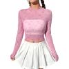 imageFloerns Womens Long Sleeve See Though Sheer Mesh Crop Tee TopsLight Pink