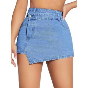 imageFloerns Womens Casual Split Hem High Waist Denim Skorts Skirt ShortsBlue Irregular