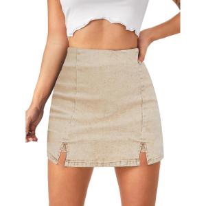 imageFloerns Womens Casual Split Hem High Waist Denim Skorts Skirt ShortsKhaki Plain