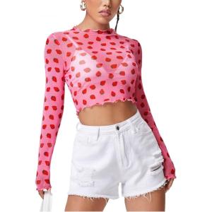imageFloerns Womens Long Sleeve See Though Sheer Mesh Crop Tee TopsA Pink Strawberry