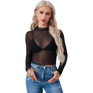 imageFloerns Womens Long Sleeve See Though Sheer Mesh Crop Tee TopsBlack
