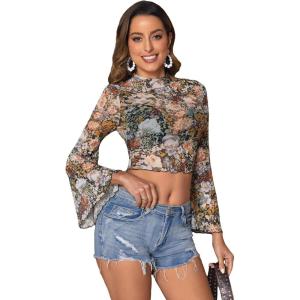 imageFloerns Womens Long Sleeve See Though Sheer Mesh Crop Tee TopsBlack Flower