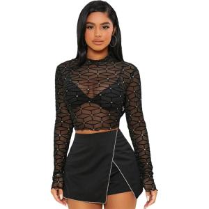 imageFloerns Womens Long Sleeve See Though Sheer Mesh Crop Tee TopsBlack Geometric