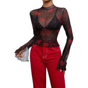 imageFloerns Womens Long Sleeve See Though Sheer Mesh Crop Tee TopsBlack Heart