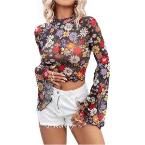 imageFloerns Womens Long Sleeve See Though Sheer Mesh Crop Tee TopsBlack Ink