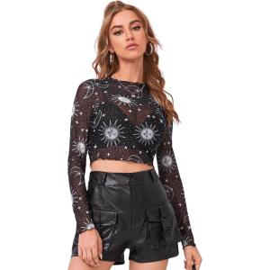 imageFloerns Womens Long Sleeve See Though Sheer Mesh Crop Tee TopsBlack Moon