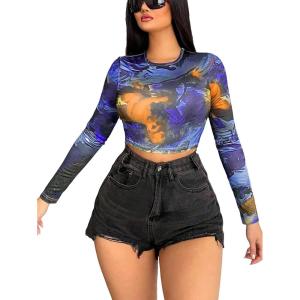 imageFloerns Womens Long Sleeve See Though Sheer Mesh Crop Tee TopsBlue Multi