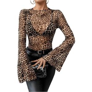 imageFloerns Womens Long Sleeve See Though Sheer Mesh Crop Tee TopsCoffee Brown