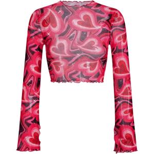 imageFloerns Womens Long Sleeve See Though Sheer Mesh Crop Tee TopsHot Pink Heart