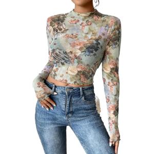 imageFloerns Womens Long Sleeve See Though Sheer Mesh Crop Tee TopsLight Green