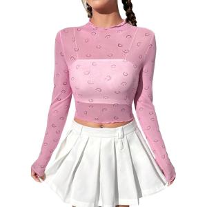 imageFloerns Womens Long Sleeve See Though Sheer Mesh Crop Tee TopsLight Pink