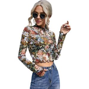 imageFloerns Womens Long Sleeve See Though Sheer Mesh Crop Tee TopsMulti Floral
