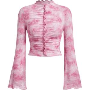 imageFloerns Womens Long Sleeve See Though Sheer Mesh Crop Tee TopsPale Pink