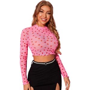 imageFloerns Womens Long Sleeve See Though Sheer Mesh Crop Tee TopsPink Heart