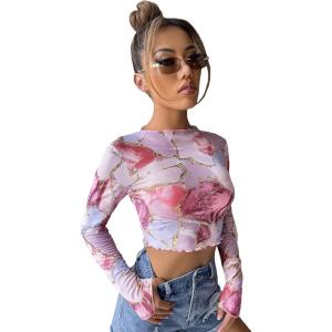 imageFloerns Womens Long Sleeve See Though Sheer Mesh Crop Tee TopsPurple Marble