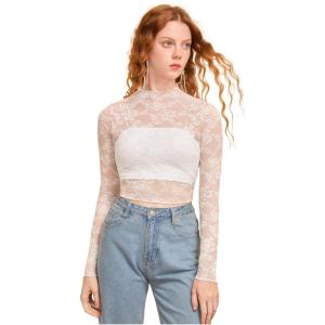 imageFloerns Womens Long Sleeve See Though Sheer Mesh Crop Tee TopsWhite Cream